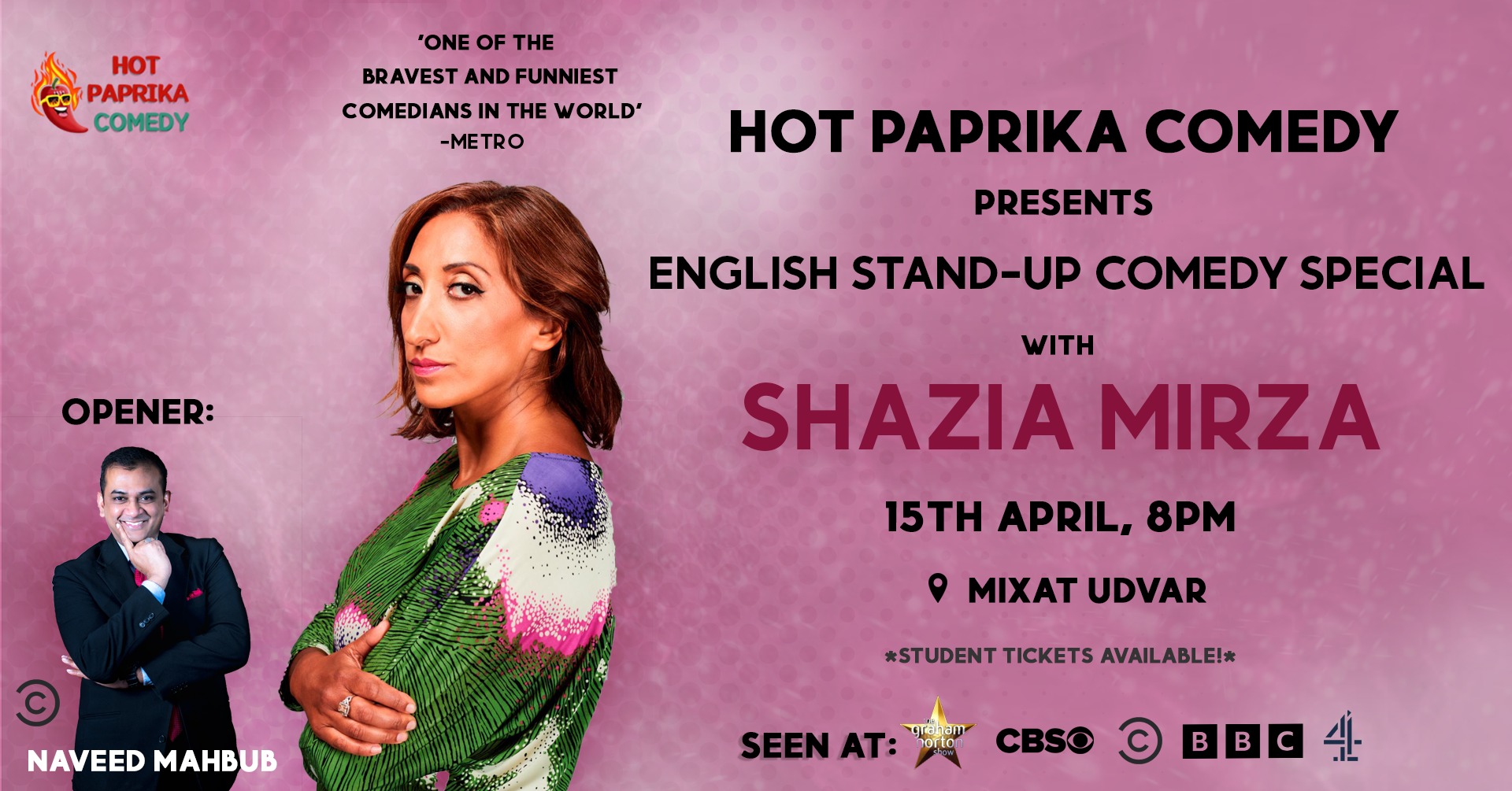English Stand-Up Comedy with Shazia Mirza, Darshan Court Budapest, 15 April