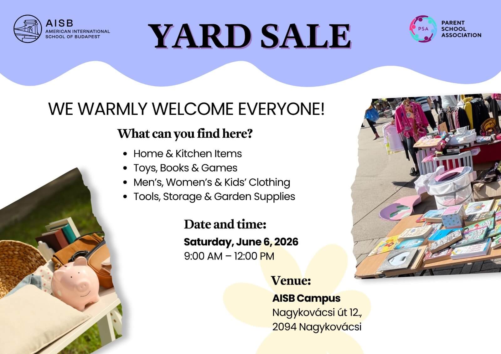 AISB Annual Yard Sale Announcement, For Your Diary on 6 June