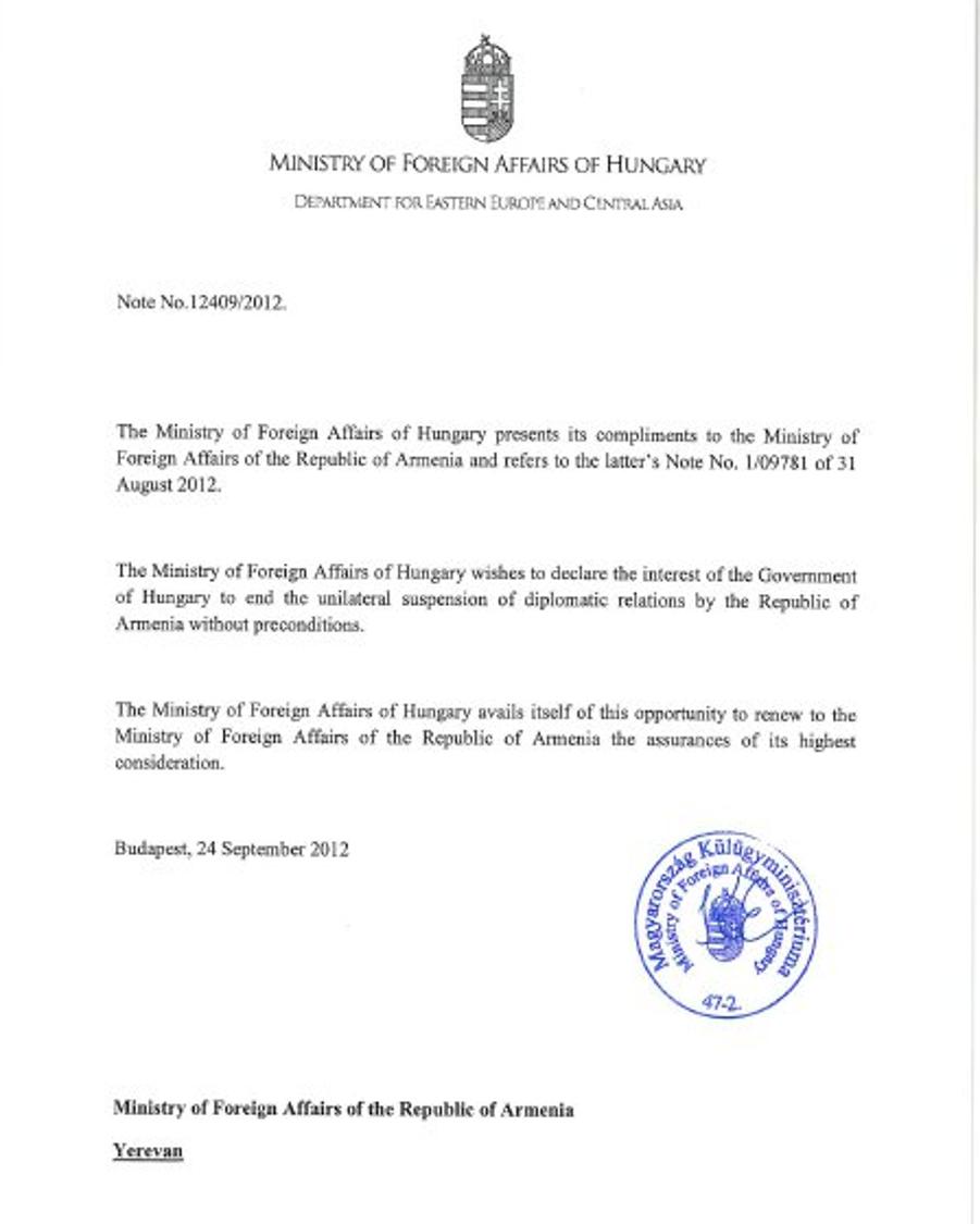 Hungarian Diplomatic Note Sent To Armenia