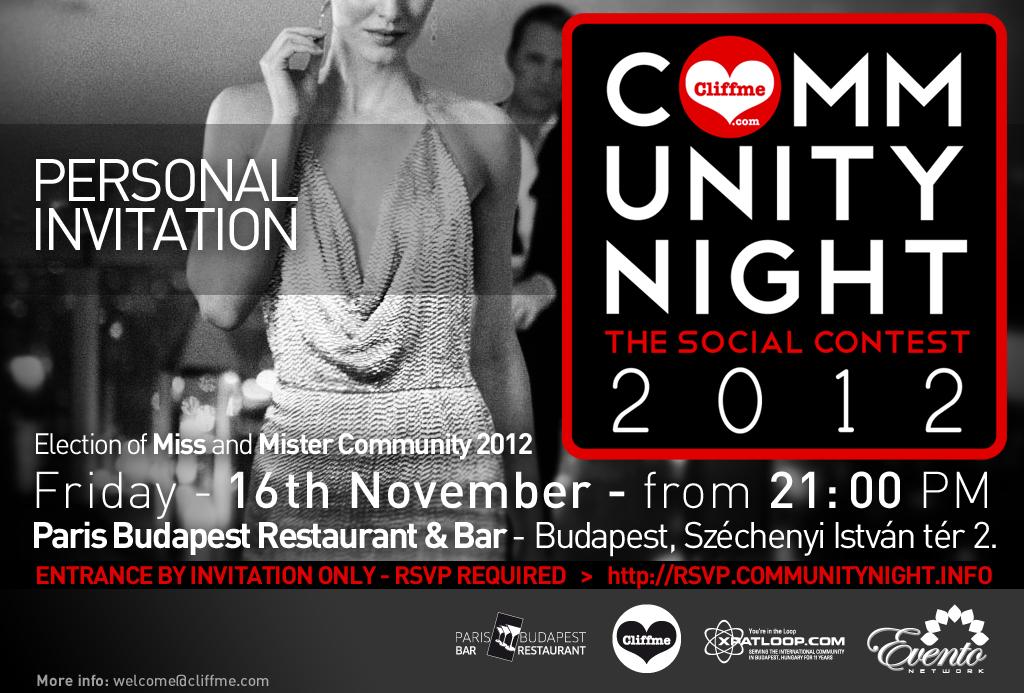 Invitation: Community Night, Paris Budapest Restaurant Budapest, 16 November