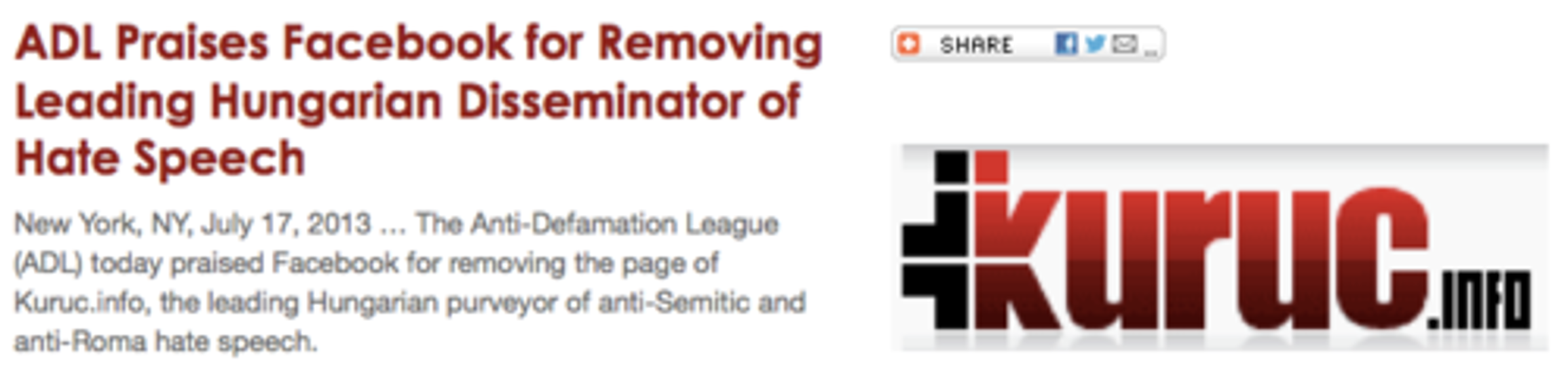 ADL Praises FB Decision To Ban Kuruc.info, Hungarian Language News Portal